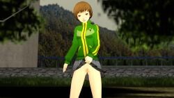 1girls atlus clothing exhibitionism female flashing_pussy human lifted_by_self lifting_own_clothes lifting_skirt no_panties ofugh outdoors pale_skin persona persona_4 pubic_hair public pussy satonaka_chie