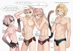 age_difference arlecchino_(genshin_impact) bana_gameg barely_visible_genitalia barely_visible_penis blonde_hair blue_eyes body_type briefs bulge bulge_through_clothing cat_ears cat_tail dialogue femboy freminet_(genshin_impact) genderswap_(ftm) gray_hair lean_body lean_figure lynette_(genshin_impact) lyney_(genshin_impact) midriff navel nervous nipples purple_eyes rule_63 shaved_armpit shaved_pussy shirtless shy size_difference skinny skinny_male twink underwear