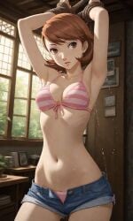 ai_generated arms_up athletic_female bikini denim_shorts persona persona_3 rope shorts skinny swimsuit tied_up yukari_takeba