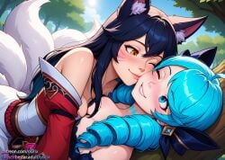 2girls ahri ai_generated cute cute_face gwen_(league_of_legends) league_of_legends league_of_legends:_wild_rift osirix self_upload stable_diffusion yuri