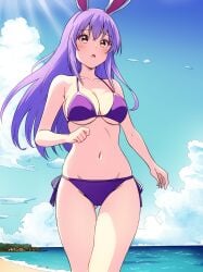 beach bikini blue_sky blush breasts bunny_ears female kyanta5354 navel ocean purple_hair reisen_udongein_inaba touhou