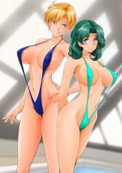 2girls alluring bare_legs bishoujo_senshi_sailor_moon blonde_hair blue_eyes blue_slingshot_swimsuit blush cameltoe closed_mouth collarbone covered_erect_nipples earrings green_slingshot_swimsuit hand_on_own_hip haruka_tenou indoors jewelry kaiou_michiru large_breasts long_hair looking_at_viewer michiru_kaiou nanashi_noiji navel pin_up rei_no_pool sailor_neptune sailor_uranus short_hair sling_bikini slingshot_swimsuit smile swimming_pool swimsuit teal_hair ten'ou_haruka