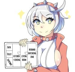 blueprint breasts clothed elphelt_valentine guilty_gear happy holding_sign sideboob sign smile sparkles translated white_hair