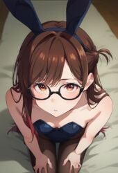 ai_generated brown_eyes brown_hair bunny_ears bunny_girl bunnysuit kanojo_okarishimasu long_hair looking_at_viewer mizuhara_chizuru okarishimasu on_knees tights