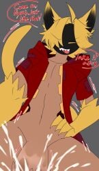 blonde_hair catboy cocky confident cum cum_in_mouth cum_in_viewer cum_inside deepthroat feline fellatio femboy femboydom grin hand_on_hip jacket kaka_(blazblue) looking_pleasured open_smile sharp_teeth smile taker_pov talking_to_viewer tan_body theeldritcheyes