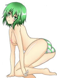 1girls ass blush breasts female green_eyes green_hair ichiban_ushiro_no_daimaou jumon korone looking_at_viewer nipples panties pov pov_eye_contact shimapan striped_panties underwear