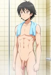 ai ai_art ai_assisted ai_generated ansatsu_kyoushitsu assassination_classroom bathroom flaccid flaccid_penis gay isogai_yuma male_focus naked shower_(place) shower_room solo_male towel_around_neck
