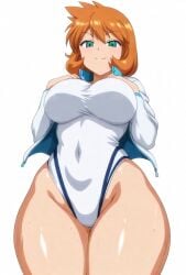 ai_generated bangs blush breasts cameltoe closed_mouth clothing competition_swimsuit covered_navel curvaceous female female female_only green_eyes gym_leader highleg highleg_swimsuit huge_breasts jacket kasumi_(pokemon) kasumi_(pokemon) large_breasts legs long_sleeves looking_at_viewer misty_(pokemon_hgss) navel one-piece_swimsuit open_clothes open_jacket orange_hair pokemon pokemon_character pokemon_gsc pokemon_hgss shiny_hair shiny_skin shirt short_hair smile solo standing swimsuit tank_suit thick_thighs thighs wet white_jacket white_one-piece_swimsuit white_swimsuit wide_hips