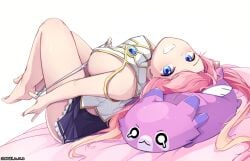 angelic_buster bed big_breasts blue_eyes breasts clothed ddangbi feet legs_up looking_at_viewer maplestory on_back panties panties_pulled_up pink_hair sideboob signature skirt smile