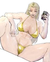 abs armpit_peek barely_visible_genitalia big_breasts big_thighs bikini blonde-haired_female blonde_hair breasts brown_eyes can choso_kamo cute cute_face female female_abs female_focus female_only gold_bikini jujutsu_kaisen legs_apart legs_spread looking_at_viewer miregeist muscular_female pussy_peek sexy sexy_body solo solo_female solo_focus thick_thighs yuki_tsukumo