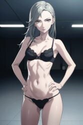 ai_generated athletic_female bra grey_hair hands_on_hips lingerie persona persona_5 sae_niijima thong toned