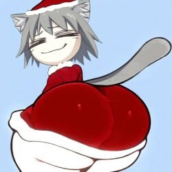 ass ass_focus blue_background cat_ears cat_humanoid cat_tail catboy christmas christmas_clothing christmas_outfit femboy femboy_focus femboy_only gray_hair gray_tail male melty_blood neco-arc_chaos presenting presenting_ass presenting_hindquarters red_clothing shiny_ass stolen_art traced traced_art type-moon