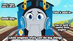 2boys accurate_art_style adult_on_young anthro blowjob blue_body blue_eyes brake_cussy crying_with_eyes_open deepthroat dialogue edit edited edited_image edited_screencap fellatio gordon_the_big_engine holding_head locomotive male/male mattel nonconsensual older_man_and_younger_boy praise rape tears text thomas_and_friends thomas_and_friends_all_engines_go thomas_the_tank_engine train unseen_male_face wheel young