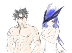 1boy 1girls blue_hair cleavage clorinde_(genshin_impact) covering_breasts female genshin_impact hat male male/female muscular muscular_male scar shirtless shirtless_male straight topless wriothesley_(genshin_impact)