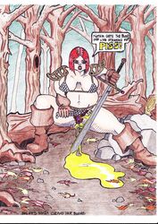 1girls blob_sonja boots chainmail chainmail_bikini chainmail_panties clitoral_hood clitoris female female_focus female_only hairy_pussy labia melee_weapon nature nature_background outdoor_pee outdoors pee_squat_outdoors peeing peeing_on_object pissing red_sonja red_sonja_(comics) sitting_pee solo solo_female solo_focus squatting sword tagme tree trees urethra urine urine_pool urine_splatter urine_stream vagina xiro