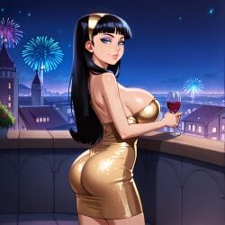 ai_generated ass bangs bare_shoulders black_hair blue_eyes blunt_bangs cityscape eyeshadow fireworks gold_dress hairband large_breasts looking_back makeup nicktoons stable_diffusion strapless the_fairly_oddparents trixie_tang wine_glass