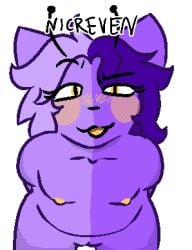 alien alpha_channel antennae_(anatomy) anthro april_(nicreven) blush collarbone eyelashes female fluffy fluffy_hair front_view genitals hair looking_at_viewer looking_up low_res multicolored_body nicreven nipples nude purple_body purple_hair pussy solo two_tone_body yellow_eyes yellow_mouth yellow_nipples