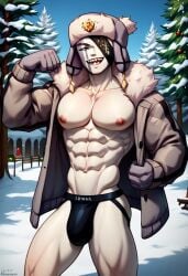 abs ai_generated biceps blush bulge friday_night_funkin gay grey_body hat jockstrap jockstrap_only looking_at_viewer male male_only muscular muscular_male ruv_(friday_night_funkin) sharp_teeth smile toned_body toned_male twall97 ushanka