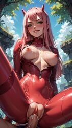 1boy 1girls ai_generated blush breasts cowgirl_position crotch_cutout cum cum_on_breasts darling_in_the_franxx green_eyes_female horns long_hair_female looking_at_viewer nipples penis penis_in_pussy pink_hair_female pussy smiling_at_viewer taiiil teeth unzipped_bodysuit vaginal_insertion vaginal_penetration vaginal_sex zero_two_(darling_in_the_franxx)