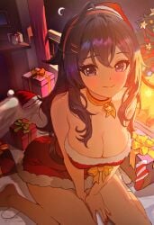 1girls ao~ bed bedroom blue_eyes blue_hair blush breasts christmas christmas_outfit christmas_tree cleavage female female_only gift gift_box hair_ornament hairband hairclip large_breasts light-skinned_female light_skin long_hair miside mita_(miside) nail_polish santa_hat scarf solo