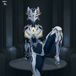 areola ass big_areola big_breasts biomechanical breasts digital_extremes featureless_crotch female hi_res humanoid looking_at_viewer mitiz-art nails nipples presenting solo tencent thick_thighs valkyr_(warframe) warframe warframe_(species)