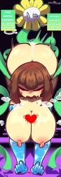 all_fours ambiguous_penetration big_ass big_breasts blush brown_hair closed_eyes cum cum_inside dialogue dripping eosftwit female_frisk flowey_the_flower frisk from_behind gloves half_naked hard_nipples huge_breasts naked nipples on_all_fours open_mouth soul spanish_dialogue spanish_text sweat text undertale undertale_(series) vines