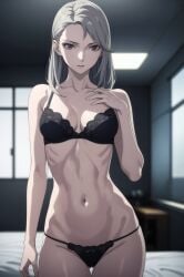 ai_generated athletic_female bedroom bra feminine grey_hair lingerie persona persona_5 sae_niijima thong toned