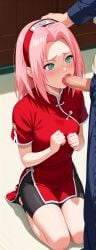 1boy 1girls age_difference ai_generated blackmail blowjob fellatio female human male naruto naruto_(classic) naruto_(series) oral penis petite_female pink_hair sakura_haruno sakura_haruno(genin) younger_female