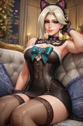 1female 2025 ai_generated big_hips blizzard_entertainment christmas curvy curvy_figure female looking_at_viewer mercy merry_christmas overwatch overwatch_2 pony_diffusion_xl secret_room12 shiny_skin short_hair sitting stable_diffusion stockings thighs video_game video_game_character video_games white_hair