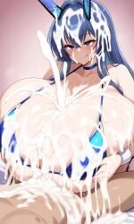 1boy 1girls ai_generated azur_lane big_breasts bikini blue_eyes blue_hair breasts_bigger_than_head cum cum_everywhere cum_explosion cum_on_body cum_on_breasts cum_on_face ejaculation engulfing_paizuri enormous_breasts ftggtgg gigantic_breasts huge_breasts hyper_breasts large_breasts long_hair massive_breasts new_jersey_(azur_lane) new_jersey_(midsummer_leisure)_(azur_lane) paizuri paizuri_lead_by_female swimsuit