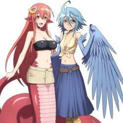 2girls ai_generated aigbrea belt blue_hair feathers hair_ornament harpy lamia large_breasts long_skirt miia_(monster_musume) monster_musume_no_iru_nichijou nipple_bulge papi_(monster_musume) red_hair scales short_skirt shoulders small_breasts tagme tubetop yellow_eyes