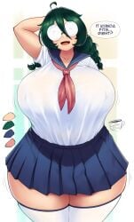 1girl breasts coffeeslice collarbone cowboy_shot english_text female female_focus glasses green_hair highres huge_breasts looking_at_viewer miniskirt motion_lines nerd_(coffeeslice) open_mouth original school_uniform serafuku shirt skindentation skirt solo standing thick_thighs thighhighs thighs white_shirt white_thighhighs wide_hips zettai_ryouiki