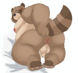 2024 anthro anus ass balls belly black_nose blush brown_body canid canine genitals givemepudding3 hi_res kemono male mammal moobs nipples overweight overweight_male penis raccoon_dog small_penis solo tanuki