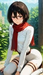 ai_generated kneeling mikasa_ackerman perfect_body scarf shingeki_no_kyojin teenage_girl