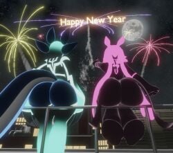 2025 3d ass_focus big_ass big_breasts big_hands bubble_butt clothed dat_ass female fireworks happy_new_year huge_ass low-angle_view lusterblaze new_year new_year_2025 night outdoors pink_hair pointy_ears proxy_(lusterblaze) robot robot_girl sitting sitting_on_railing tail tarr_(fortnite) tarr_(lusterblaze) thick_thighs twintails