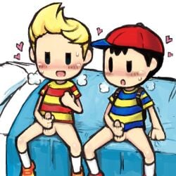 2boys aged_up backpack black_eyes black_hair blonde_hair blush earthbound gay love_heart lucas male_only masturbating masturbation mother_3 ness red_hat senri