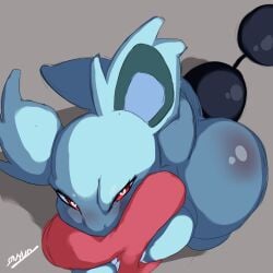 1:1 anal_beads ass blue_body blue_tail blush claws eyelashes female feral generation_1_pokemon grey_background heart_eyes heart_symbol inuyuru looking_at_viewer nidorina nintendo pillow pokemon pokemon_(species) quadruped red_eyes sex_toy shadow simple_background solo tail