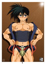 flame_of_recca front_view gouryu jockstrap male male_only muscle recca_hanabishi solo tan tanline