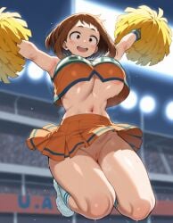 1girls ai_generated arena armpits bouncing_breasts brown_eyes brown_hair cheerleader cheerleader_outfit cheerleader_uniform covered_nipples going_commando goonedoutp3rv huge_breasts jumping my_hero_academia navel no_bra no_panties ochako_uraraka pom_poms pussy pussy_peek short_hair skirt smile sneakers socks solo sports_festival u.a._cheerleader_outfit underboob uraraka_ochako