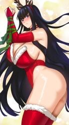 2024 big_ass big_breasts black_hair blue_eyes blush christmas christmas_outfit kill_la_kill kiryuuin_satsuki pale-skinned_female pale_skin ryuukusnpaiarts studio_trigger tagme tied_up