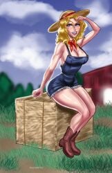 1girl 2d alien alien_girl barn biceps blonde_hair blue_eyes boots breasts commission commissioner_upload dc dc_comics digital_drawing_(artwork) farm farm_girl farmer farmer_hat farmgirl grass hair_curl hankerchief hay hay_bale haystack kara_danvers kara_zor-el kryptonian linda_danvers overalls sexy_clothing sketchatron smile solo solo_female straw_hat supergirl supergirl_(series) superman_(series) teeth watermark wavy_hair wheat wheat_in_mouth ziggysketch