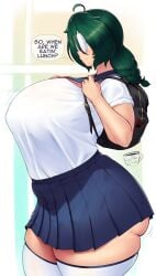 1girl ahoge artist_name backpack bag blush braid braided_ponytail breasts coffeeslice cowboy_shot english_text female female_focus from_side glasses gluteal_fold green_hair highres huge_breasts medium_hair motion_lines nerd_(coffeeslice) original school_uniform serafuku shirt signature skindentation skirt solo speech_bubble standing thick_thighs thighhighs thighs white_shirt white_thighhighs wide_hips zettai_ryouiki