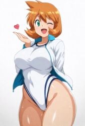 ai_generated bangs blush breasts cameltoe closed_mouth clothing competition_swimsuit covered_navel curvaceous female female female_only green_eyes gym_leader highleg highleg_swimsuit huge_breasts jacket kasumi_(pokemon) kasumi_(pokemon) large_breasts legs long_sleeves looking_at_viewer misty_(pokemon_hgss) navel one-piece_swimsuit open_clothes open_jacket orange_hair pokemon pokemon_character pokemon_gsc pokemon_hgss shiny_hair shiny_skin shirt short_hair smile solo standing swimsuit tank_suit thick_thighs thighs wet white_jacket white_one-piece_swimsuit white_swimsuit wide_hips