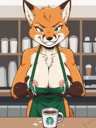 1girls ai_generated anthro breasts canid canine female fox furry grin lactation looking_at_viewer mammal orange_body orange_fur original original_character smile starbucks vince_ai white_fur