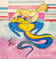 2025 5_toes after_sex anthro anthro_on_anthro anthro_penetrated anthro_penetrating anthro_penetrating_anthro anus ass balls bed big_breasts bikerboyart blue_body blue_scales bodily_fluids breasts brown_nose canid canine closed_eyes cobra cum cum_from_penis cum_from_vagina cum_in_vagina cum_inside cum_on_penis cum_string duo erection feet female fennec_fox fox fur furniture genital_fluids genitals hair hi_res humanoid_feet humanoid_genitalia humanoid_penis interspecies interspecies_romance jewelry kiss_on_lips kissing lying lying_on_bed male male/female mammal multicolored_body multicolored_scales navel necklace necklace_only nipples nude nude_anthro nude_female nude_male on_back on_bed painting_(artwork) pendant penetration penis plantigrade pubic_tattoo pussy reptile romantic romantic_ambiance romantic_couple scales scalie sex shen_(zummeng) signature snake tail tan_body tan_fur tattoo toes traditional_media_(artwork) traditional_painting_(artwork) true_fox two_tone_body two_tone_scales vulva white_hair yellow_body yellow_scales zaphira_(zummeng)
