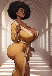 afro ai_generated bathrobe dark dark-skinned_female female hair_over_one_eye huge_ass huge_breasts hyper_ass laying laying_down laying_on_bed tagme verynormalguy