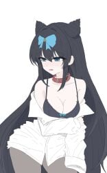 arcaea black_lingerie blush collar collared_shirt contrapposto embarrassed flat_colors grabbing_own_arm holding_own_arm lingerie lingerie_bra medium_breasts pantyhose tairitsu_(arcaea) white_shirt