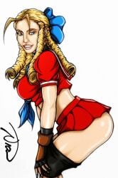 2d ass bare_ass blonde_hair blue_eyes bronxboy79 bubble_butt busty capcom drill_hair female female_focus female_only flashing flashing_butt hourglass_figure karin_kanzuki long_hair makeup mooning school_uniform schoolgirl street_fighter street_fighter_alpha tagme wide_hips