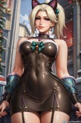 1female 2025 ai_generated big_hips blizzard_entertainment christmas curvy curvy_figure female looking_at_viewer mercy merry_christmas overwatch overwatch_2 pony_diffusion_xl secret_room12 shiny_skin short_hair stable_diffusion standing stockings thighs video_game video_game_character video_games white_hair