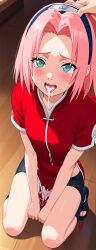 1girls after_fellatio age_difference ai_generated cum_in_mouth female female_focus human naruto naruto_(classic) naruto_(series) petite_female pink_hair sakura_haruno sakura_haruno(genin) solo_focus younger_female